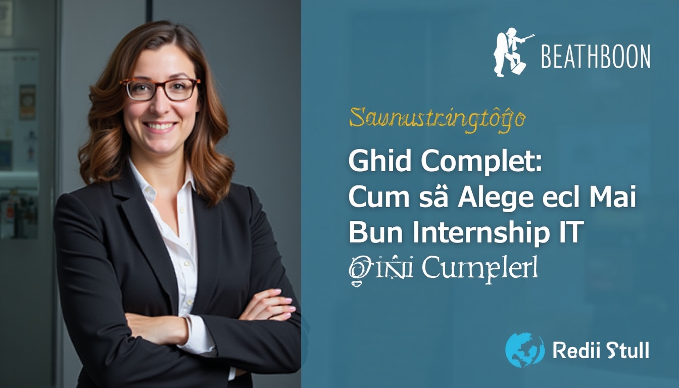 Student IT care alege un internship IT în București, cu laptop și simboluri de codare